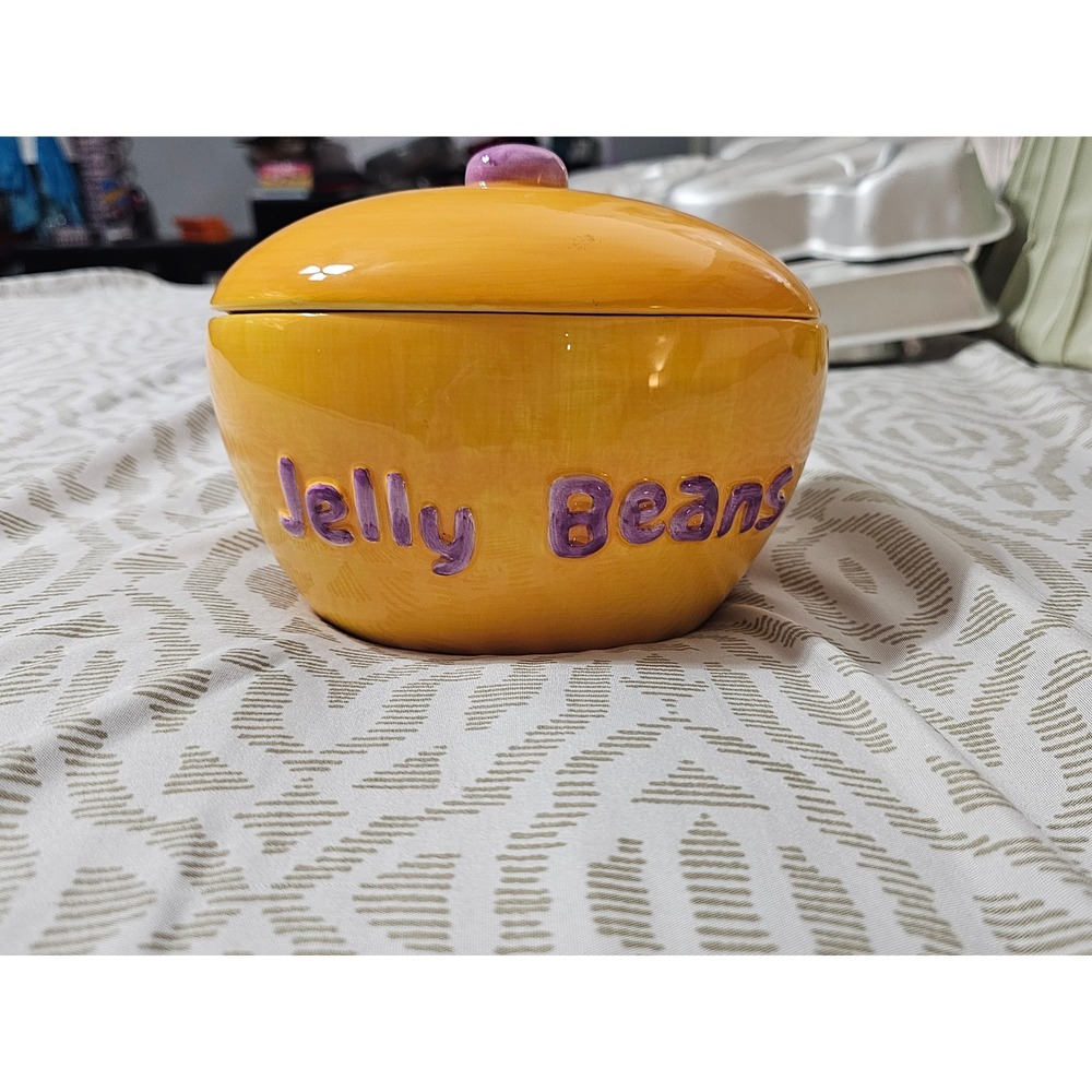 Vintage 1988 Applause Jelly Belly White Bunny Plush & Yellow Ceramic Candy Jar